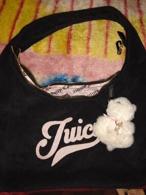 Juicy Couture Black Shoulder Bag with Pink Logo and Teddy Charm